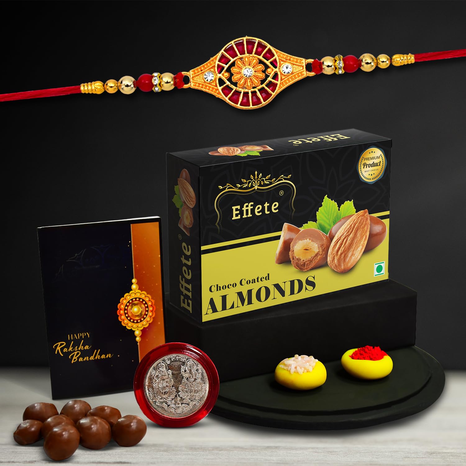 Wukusy Chocolate Almonds Rakhi for Brother, 32g, with a stylish, fancy design and gift presentation for men.