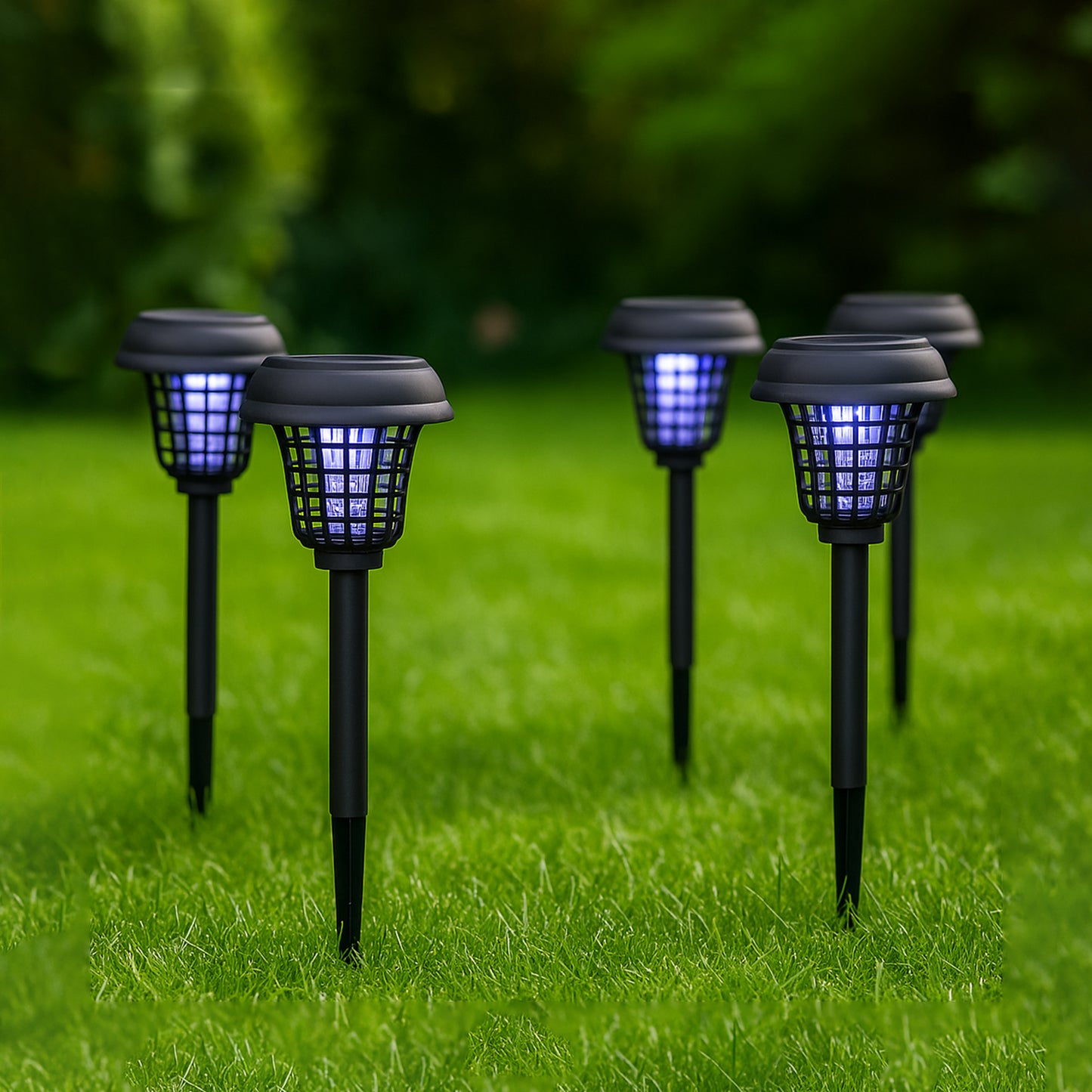 Set of five Wukusy solar-powered mosquito killer garden lights with outdoor LED lights and pest control features.