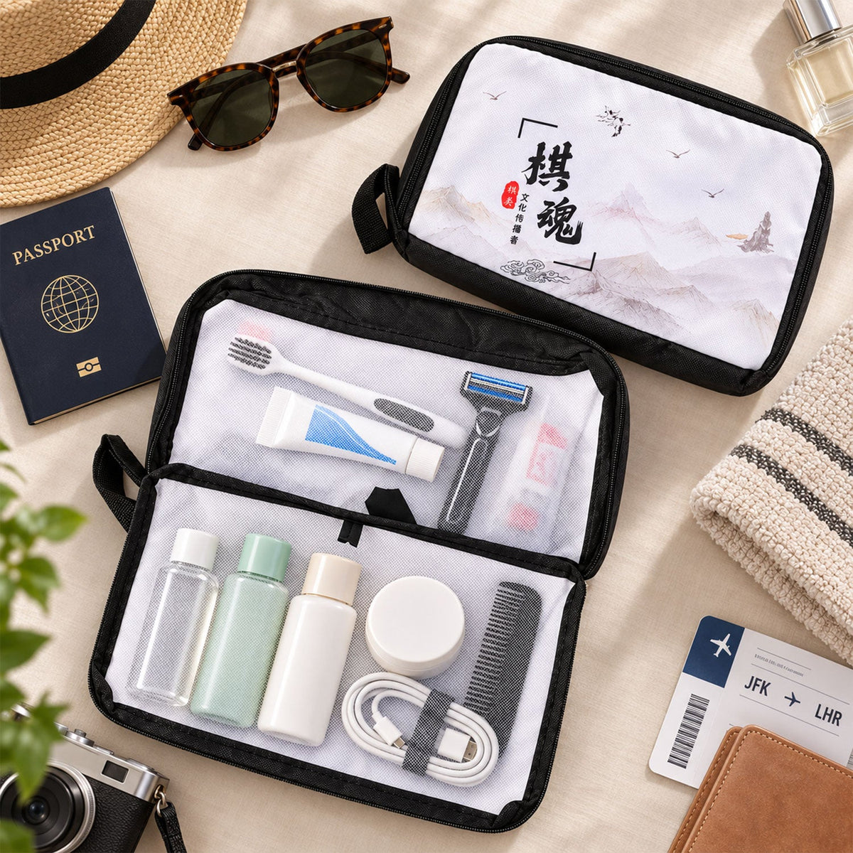 Wukusy printed travel organizer pouch with zip closure and carry loop, measuring 32x20 cm, for organizing travel essentials.