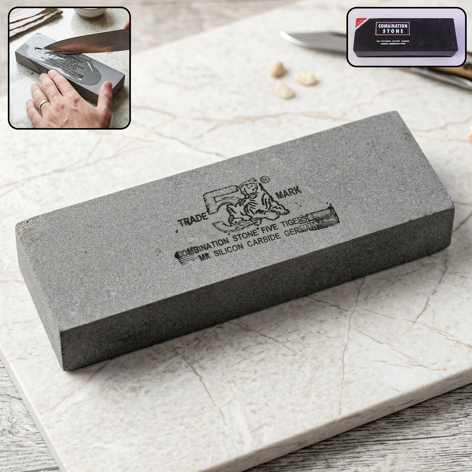 Wukusy silicon carbide combination knife sharpening stone, B grade whetstone with dual abrasive sides for kitchen knife sharpening.