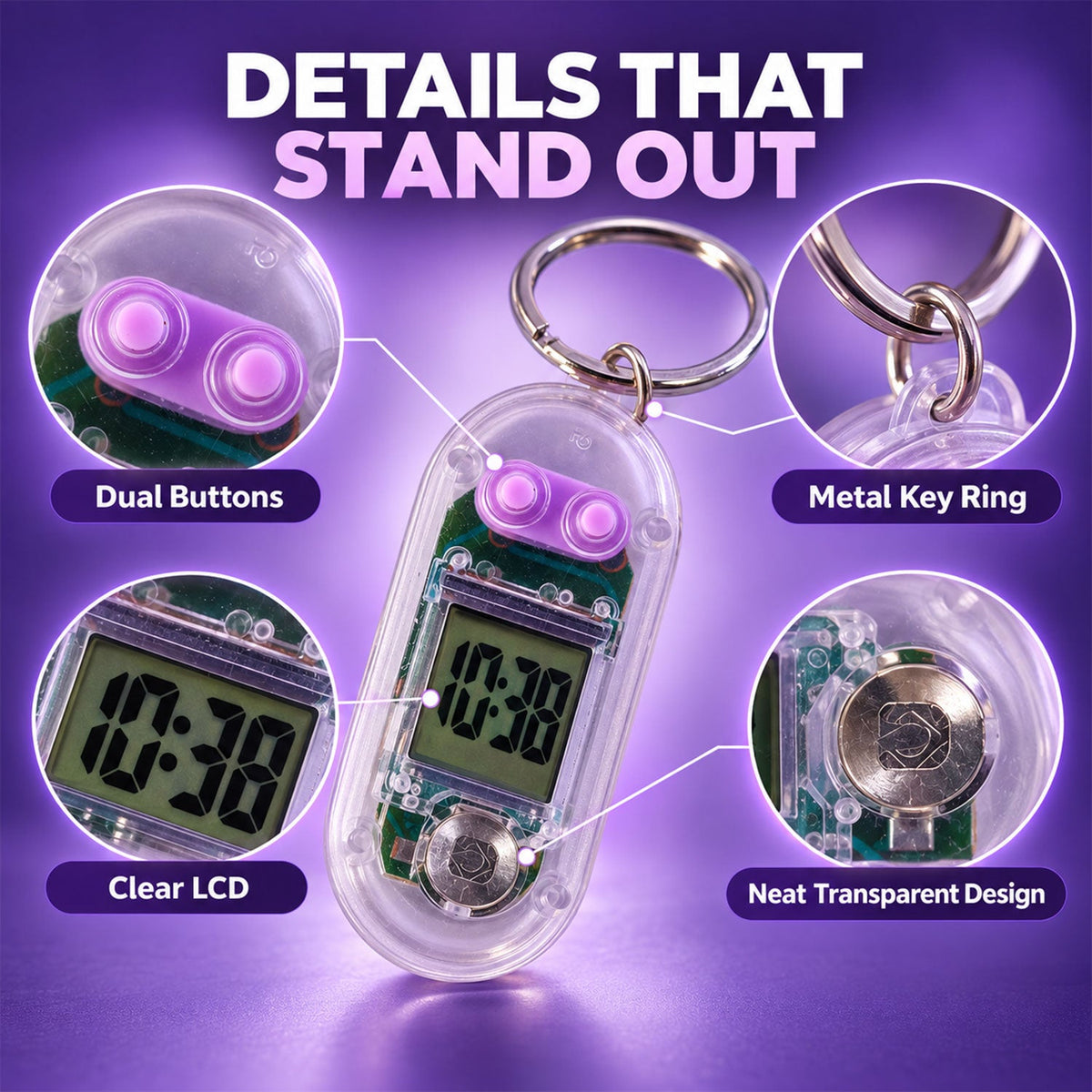 Wukusy transparent digital clock keychain with LCD display showing time, compact and portable for everyday use