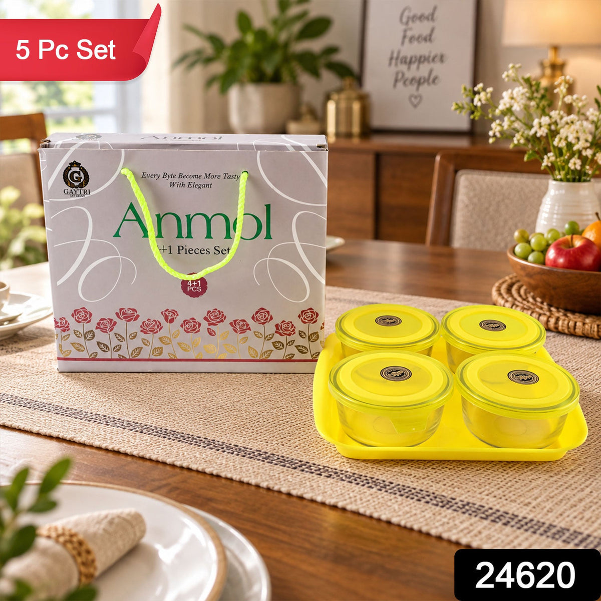 Wukusy 5-piece glass bowl set with plastic lids and serving tray for snacks, nuts, and small food items, clear and stylish.