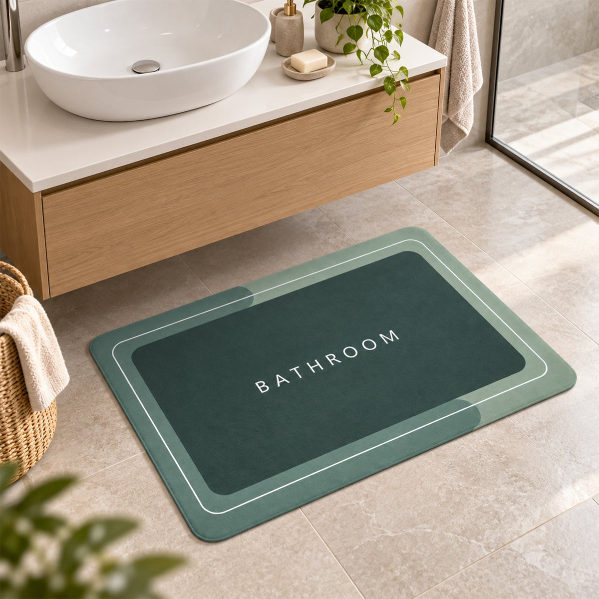 Green Wukusy super absorbent bathroom mat, 57x37 cm quick-dry non-slip bath mat laid on bathroom floor