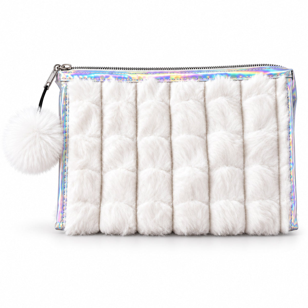 Wukusy plush makeup zipper pouch with pom pom charm, travel storage bag, 24x16 cm, soft fabric, colorful design