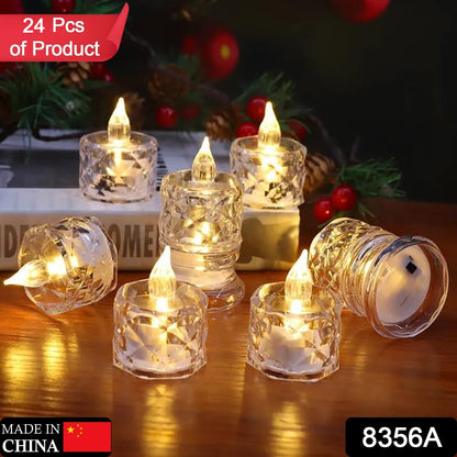 Wukusy 24-pack flameless acrylic LED tea light candles for home decor, Diwali, Christmas, and festive events.