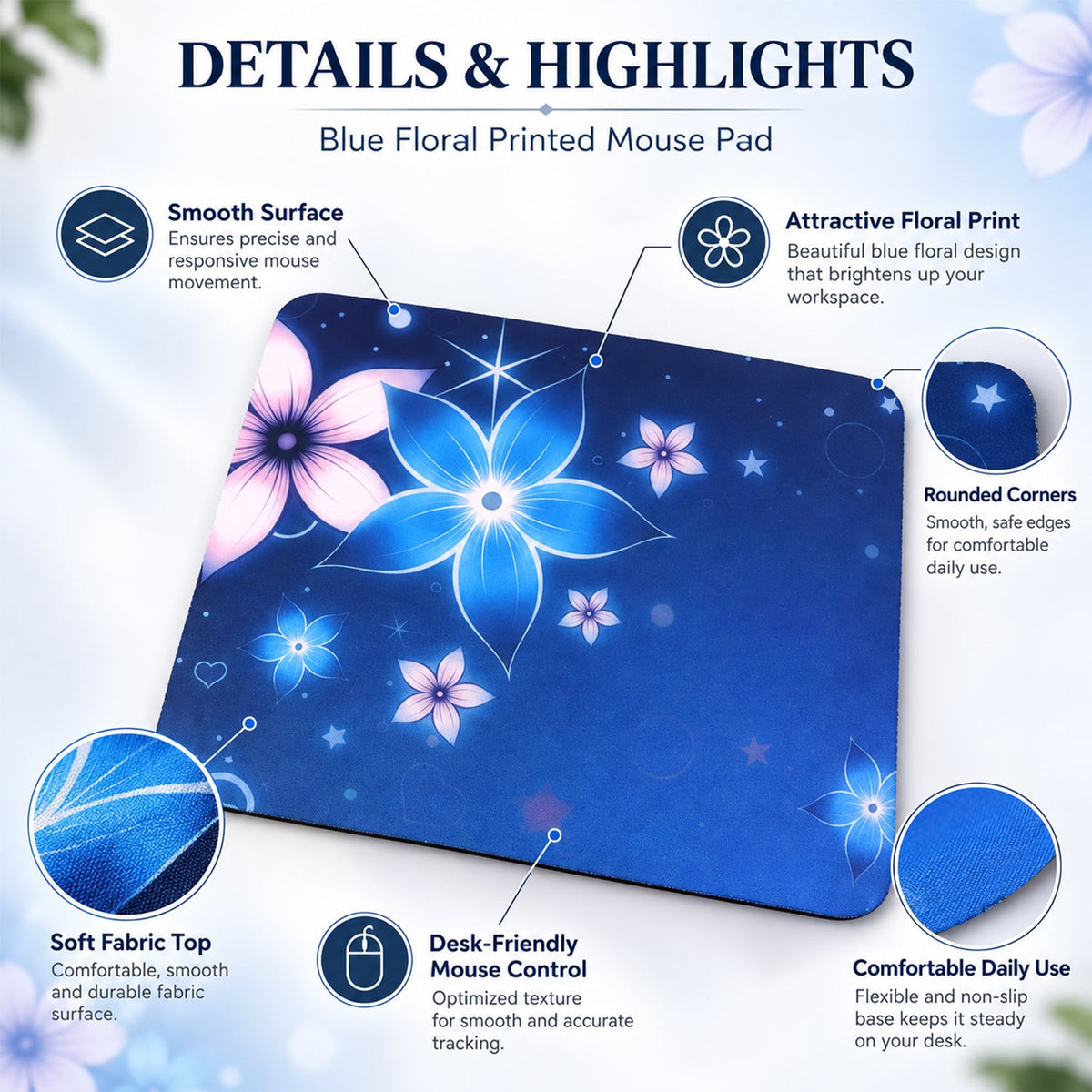 Wukusy floral mouse pad with non-slip rubber base, 26x21 cm, featuring colorful floral pattern and smooth surface.