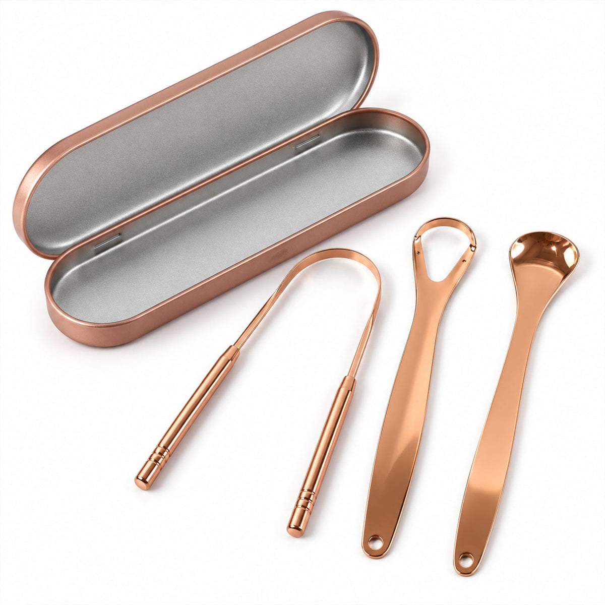 Wukusy stainless steel tongue cleaner set with travel case, featuring three tools for daily oral hygiene and fresh breath.