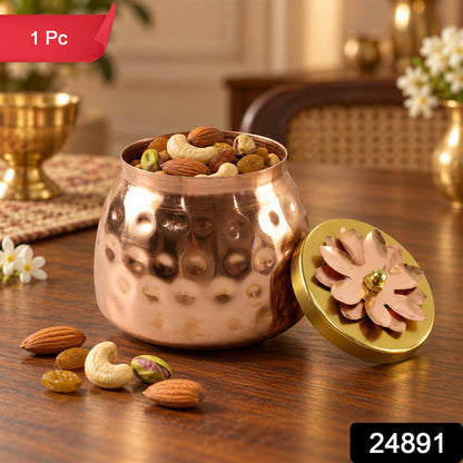 Copper finish storage jar with flower lid by Wukusy, ideal for dry fruits and home decor, featuring a decorative floral lid.