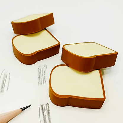Set of four Wukusy 3D toast bread-shaped erasers with cute cartoon bread designs for kids and students, ideal for school stationery.