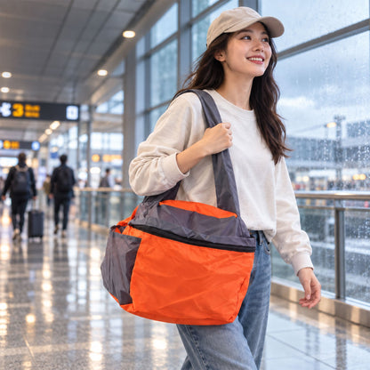 Wukusy travel tote carry bag with double zippers, shoulder straps, 26x33 cm, made of durable fabric for easy carrying and storage.
