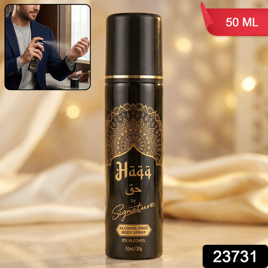 Wukusy Signature Haqq Free Body Spray bottle, 50ml, with sleek design and clear label showing the fragrance details.