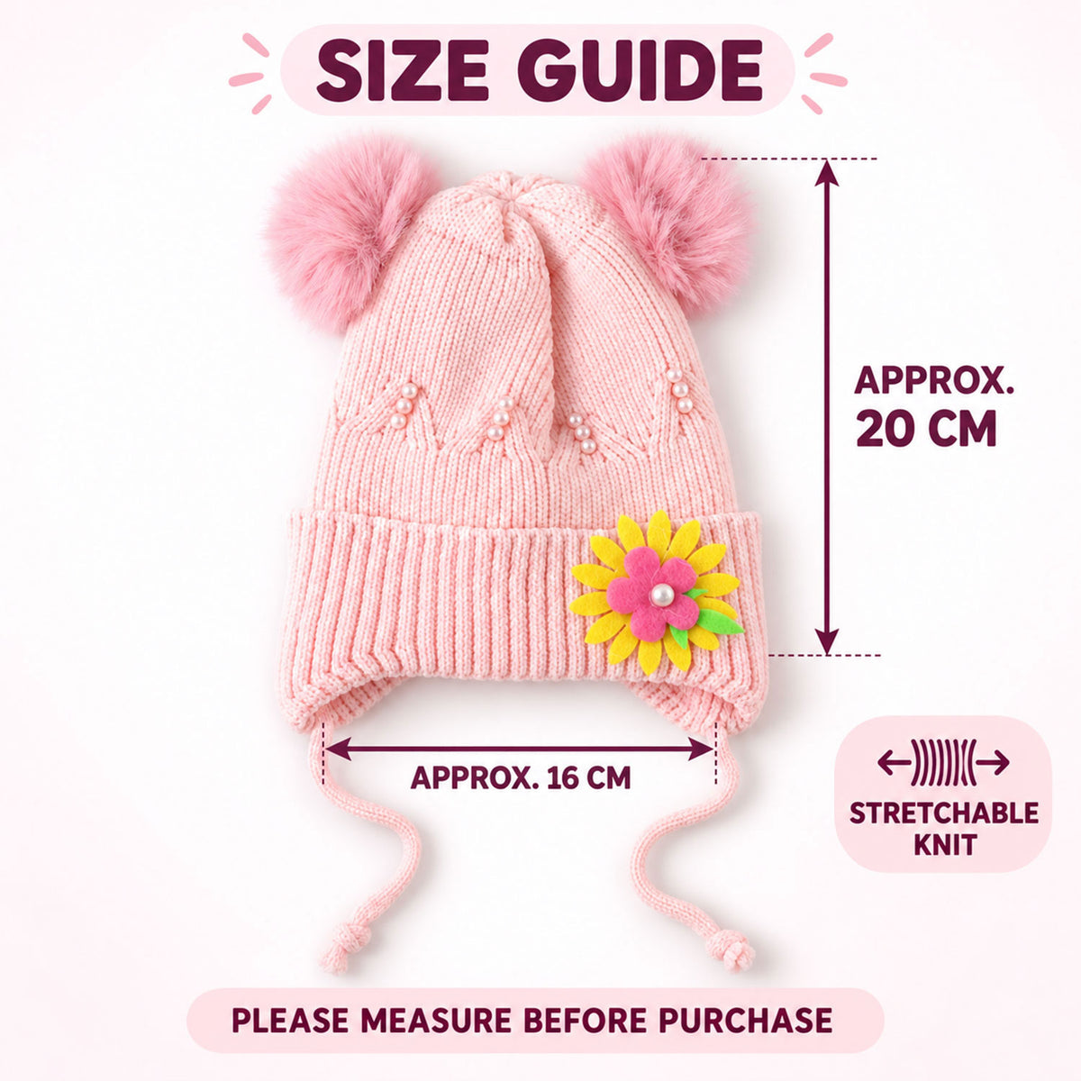 Kids Soft Knitted Winter Caps With Twin Pom Poms And Floral Detail (1 Pc)