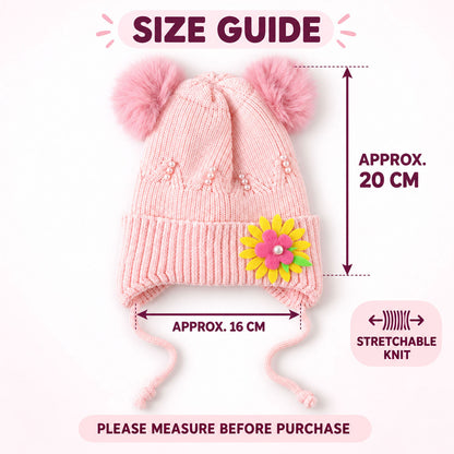 Kids Soft Knitted Winter Caps With Twin Pom Poms And Floral Detail (1 Pc)