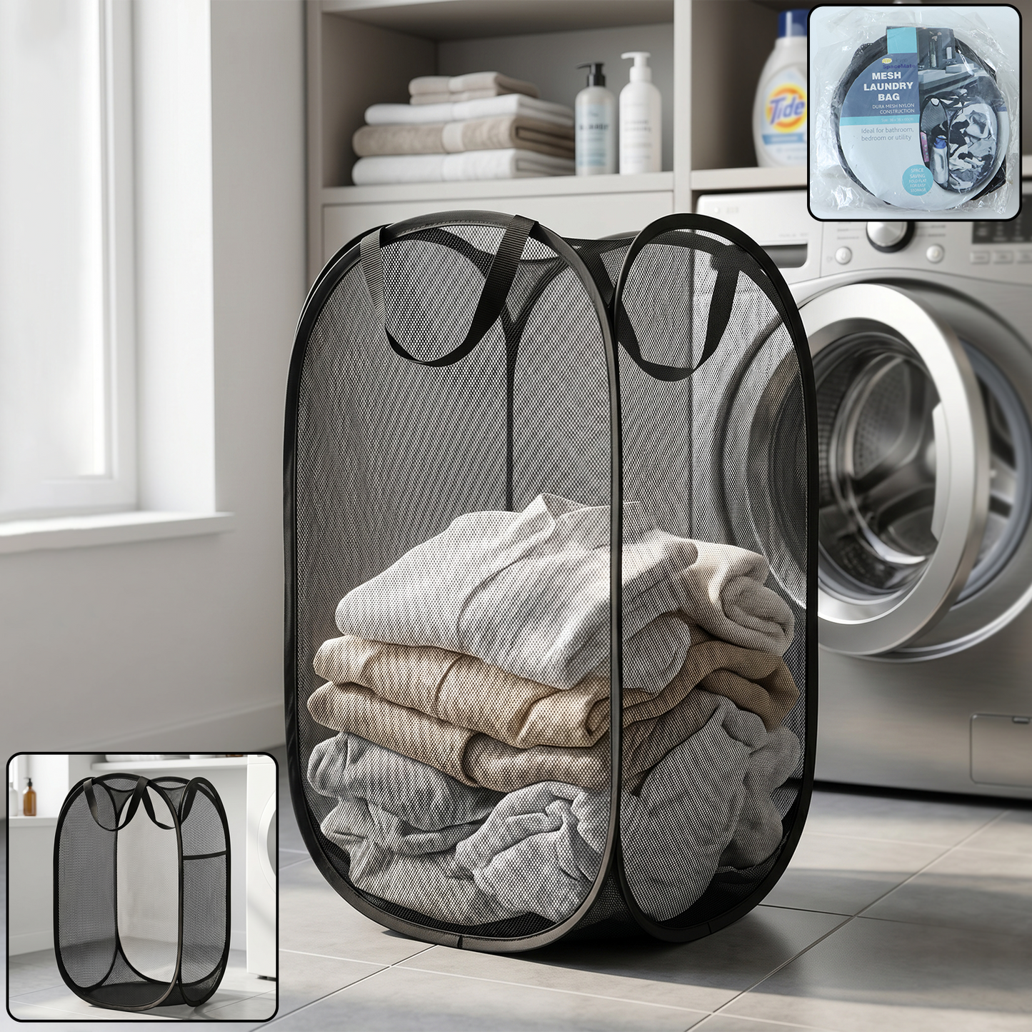 Large Foldable Mesh Laundry Basket Durable Clothes Hamper (1 Pc 36x36x60cm)