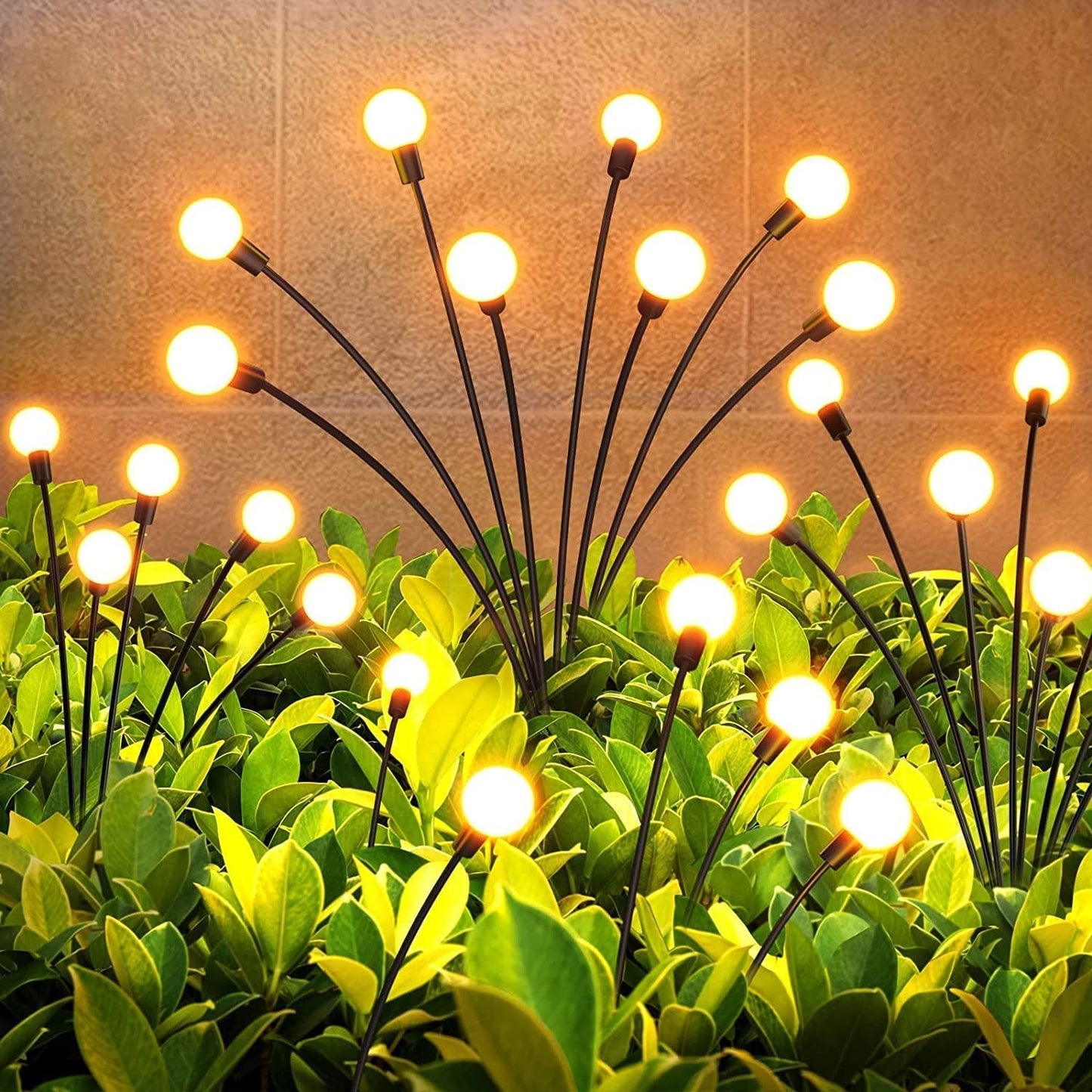 Wukusy solar-powered warm white garden ball lights set, decorative outdoor string lights with spherical design and solar panels.
