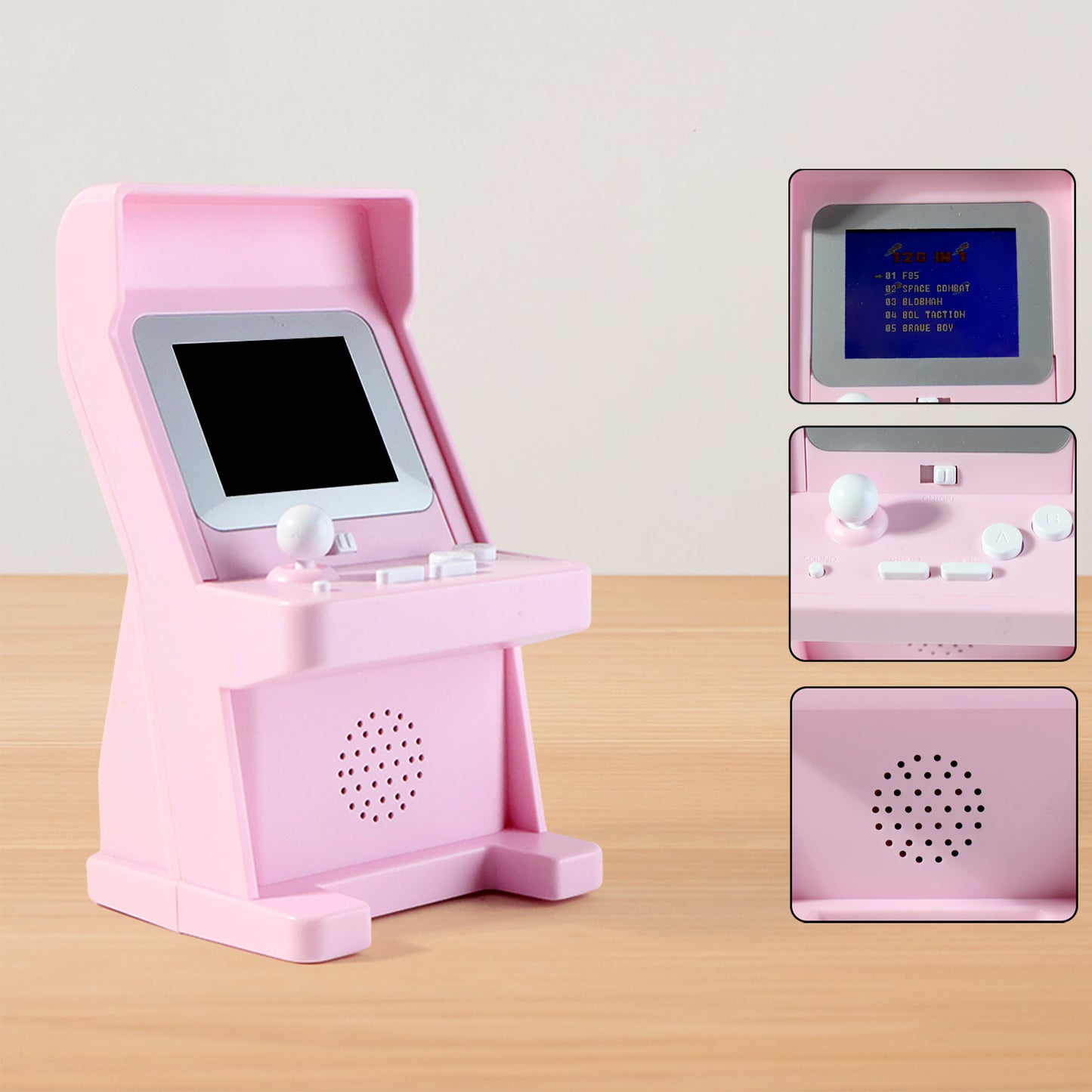 Wukusy mini retro arcade gaming console with 120 built-in classic games, featuring colorful buttons and vintage design.