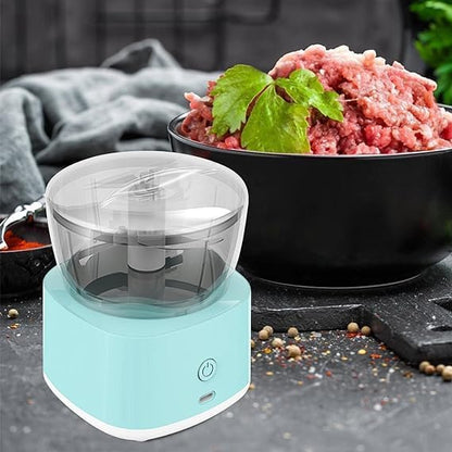 Mini electric food chopper from Drpshippr, showing the compact kitchen appliance with stainless steel blades on a countertop.