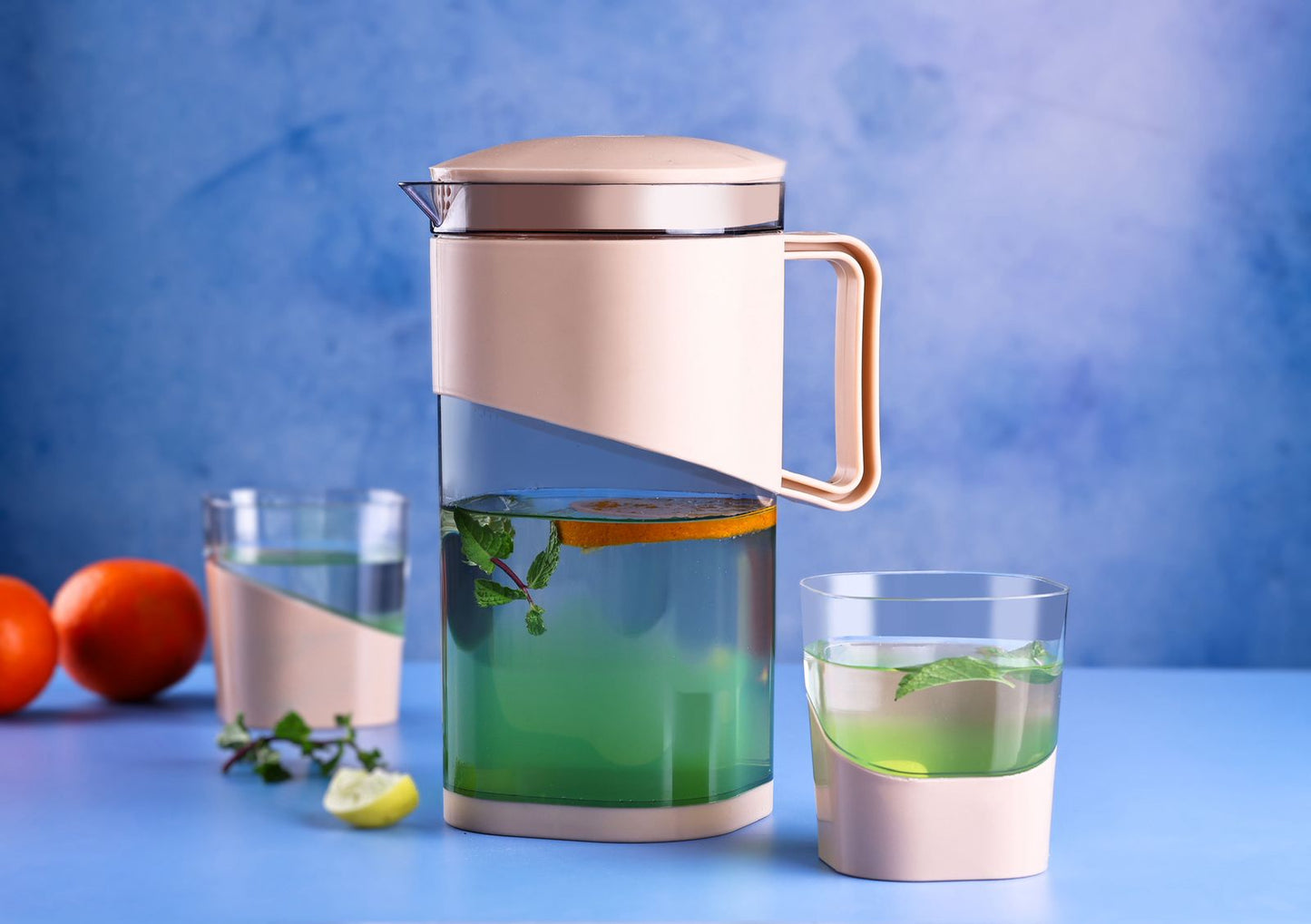 Square Water Jug with Lid and 4 Pieces Glass Set | Stylish Plastic Food Grade BPA-Free for Water, Wine, Juice Storage & Serving
