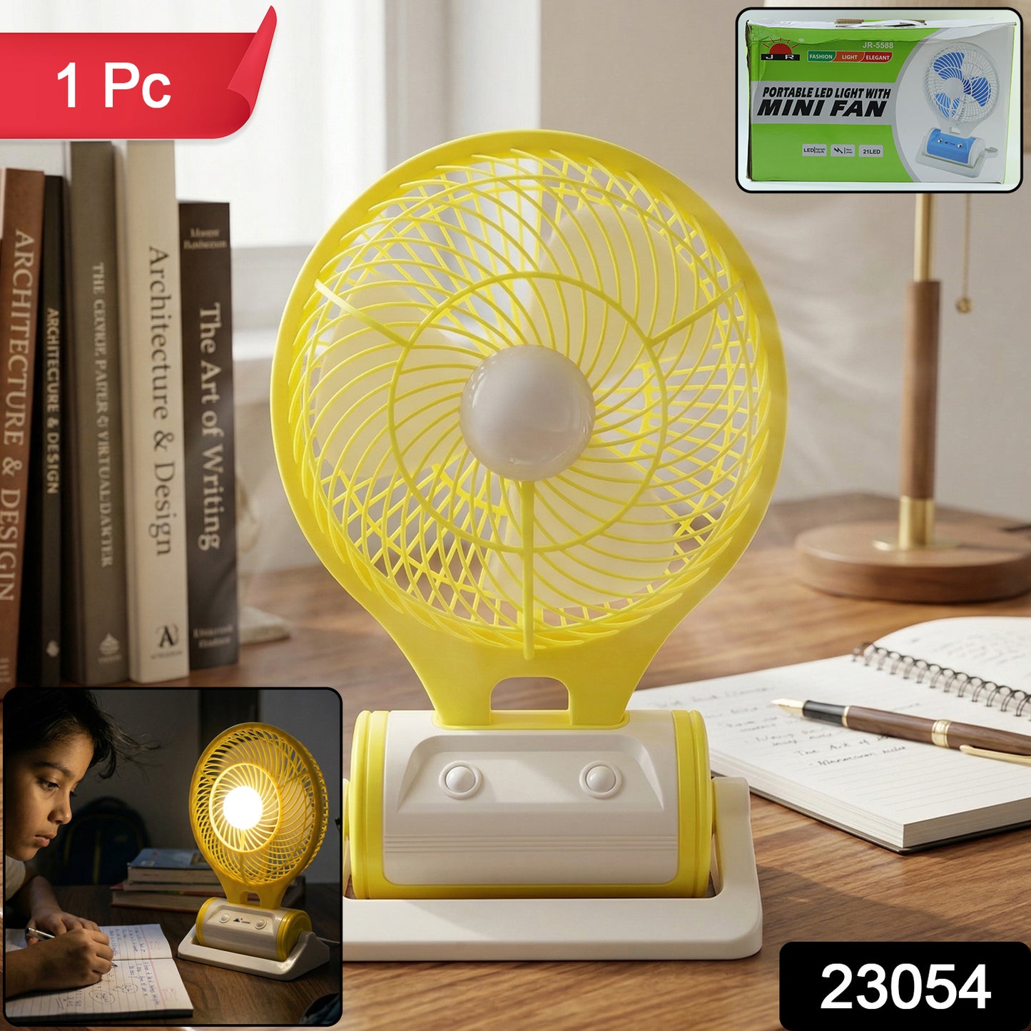 Portable Rechargeable Led Light With Mini Table Fan (1 Pc)