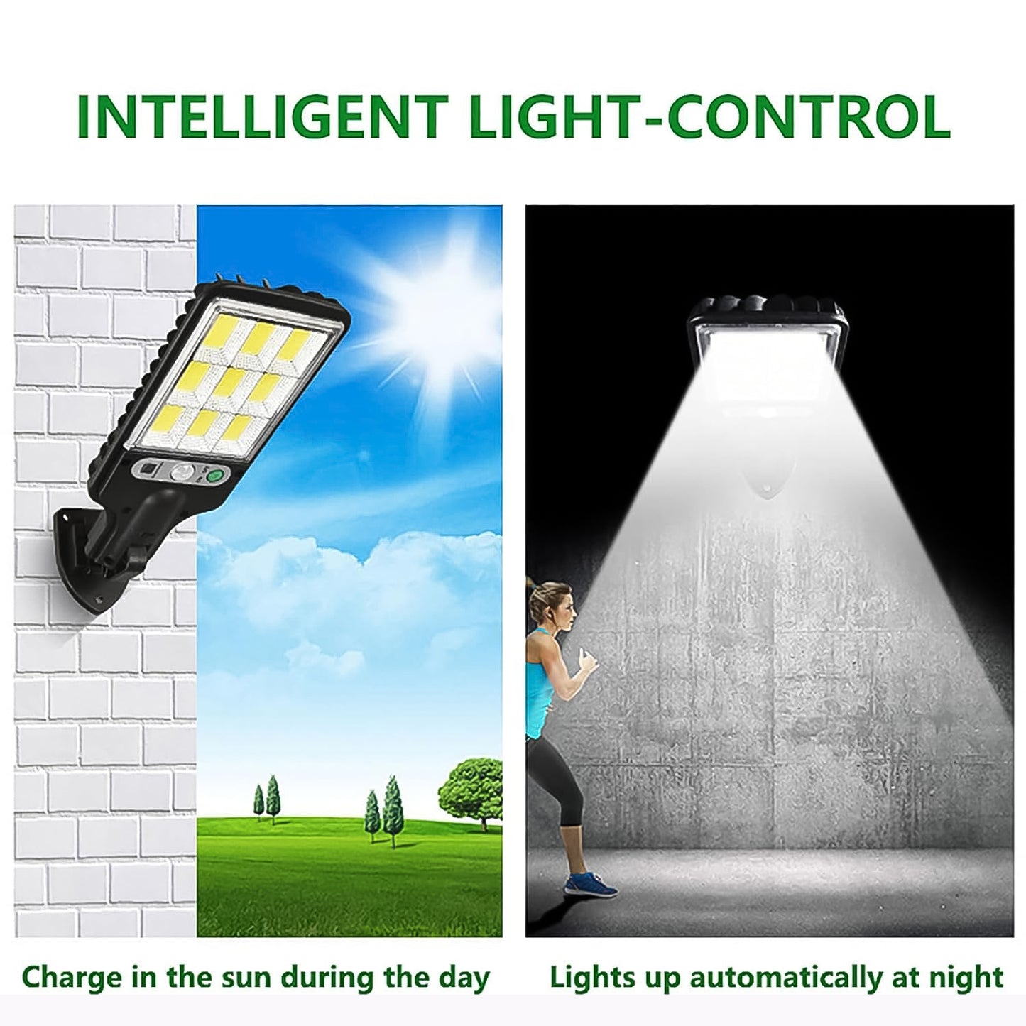 Wukusy high-power solar LED street light with motion sensor and remote control, mounted on a street pole at night.