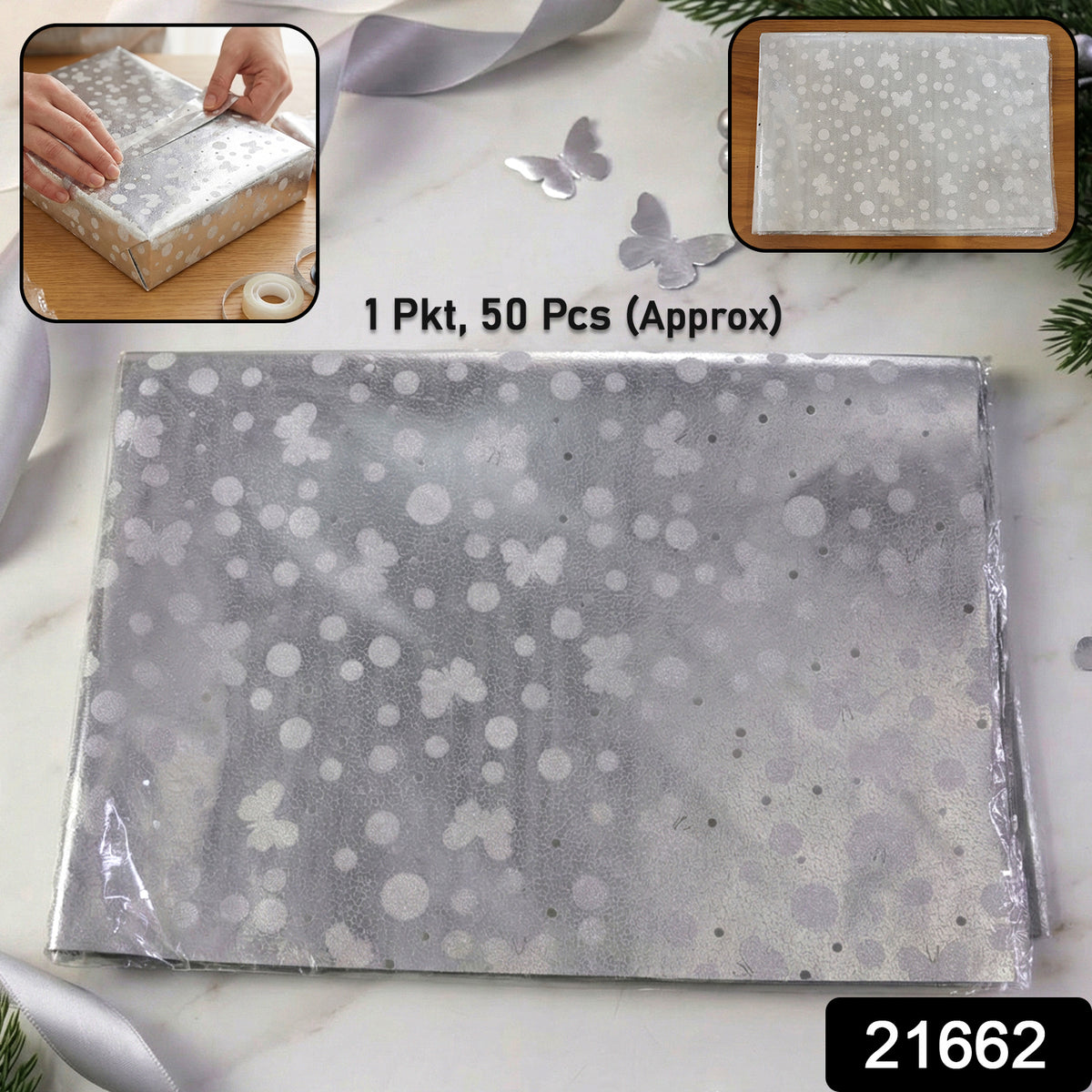 Silver decorative gift wrapping paper sheets from Wukusy, 20 sheets per pack, featuring elegant metallic design for special occasions.