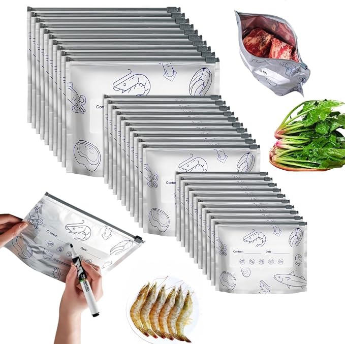 Dropdash reusable foil zip lock vacuum food storage bag, pack of 20, designed for keeping food fresh with secure sealing.