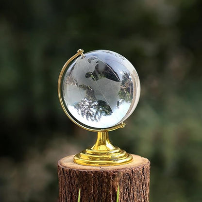 Crystal globe with world map, 50mm size on a golden stand, perfect for office decor by Wukusy.
