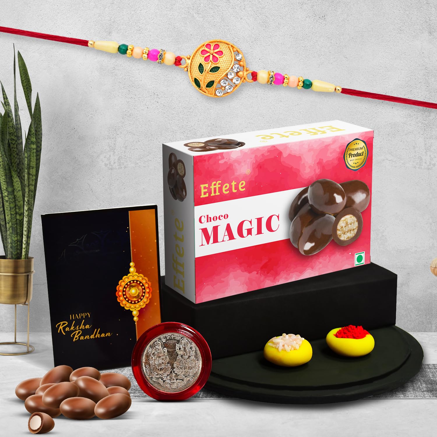 (K1_507_cm32) Rakhi Combo With Chocolate Magic 32gm Pooja Coin Greeting Card Rakhi Gift Hamper Rakhi For Brother With Gift Chocolate Gift Pack Fancy Rakhis For Men Set Of 1