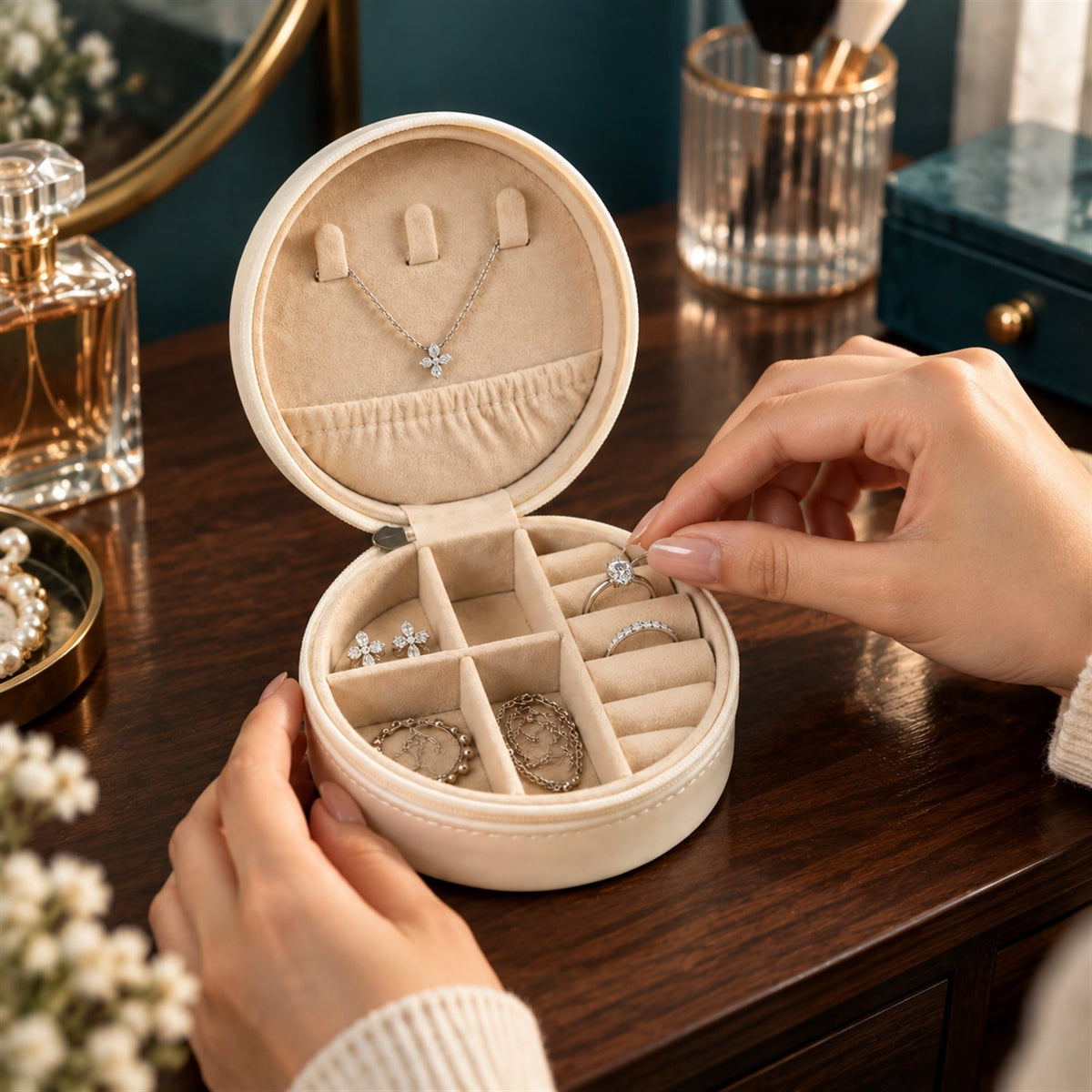 Wukusy round jewelry organizer box with zip closure, ring rolls, and compartments for travel storage of jewelry items.