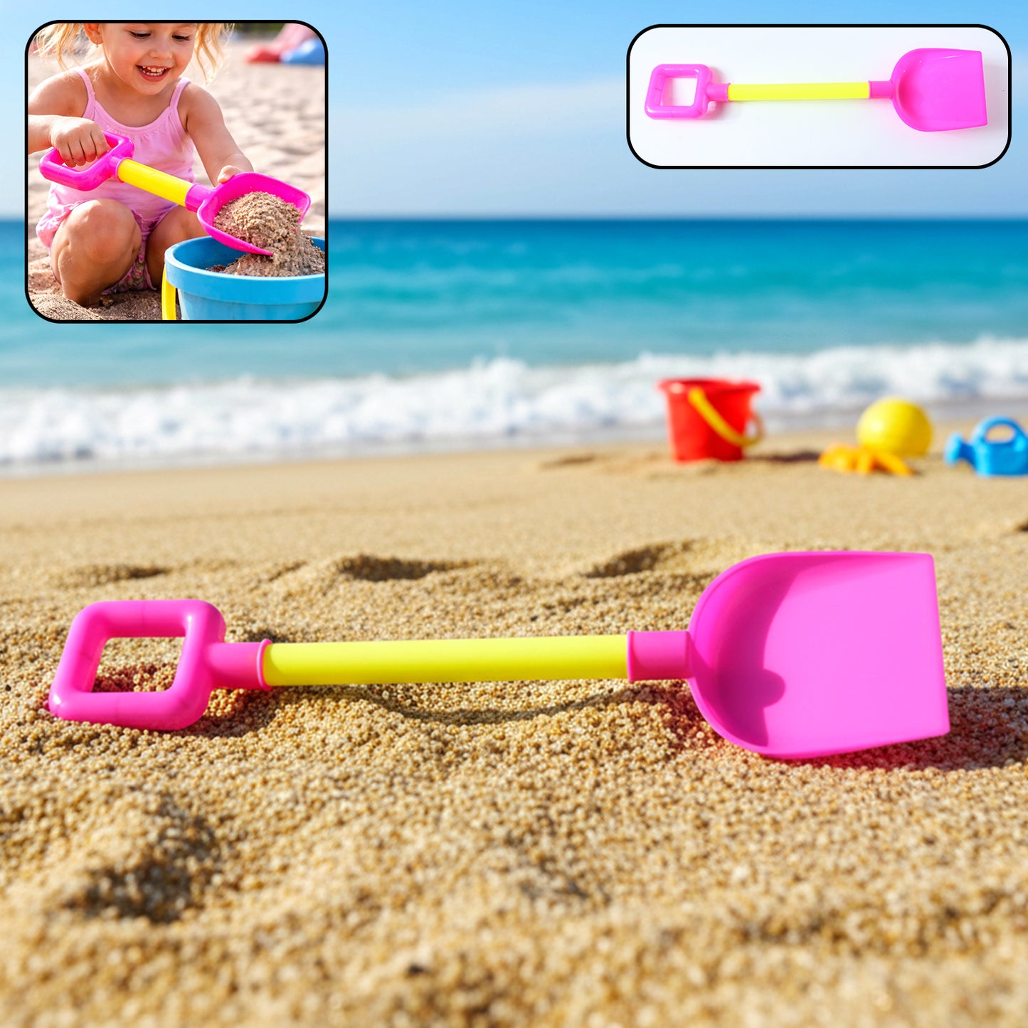 Kids beach sand shovel toy by Wukusy, featuring a colorful plastic design perfect for children’s outdoor sand play.