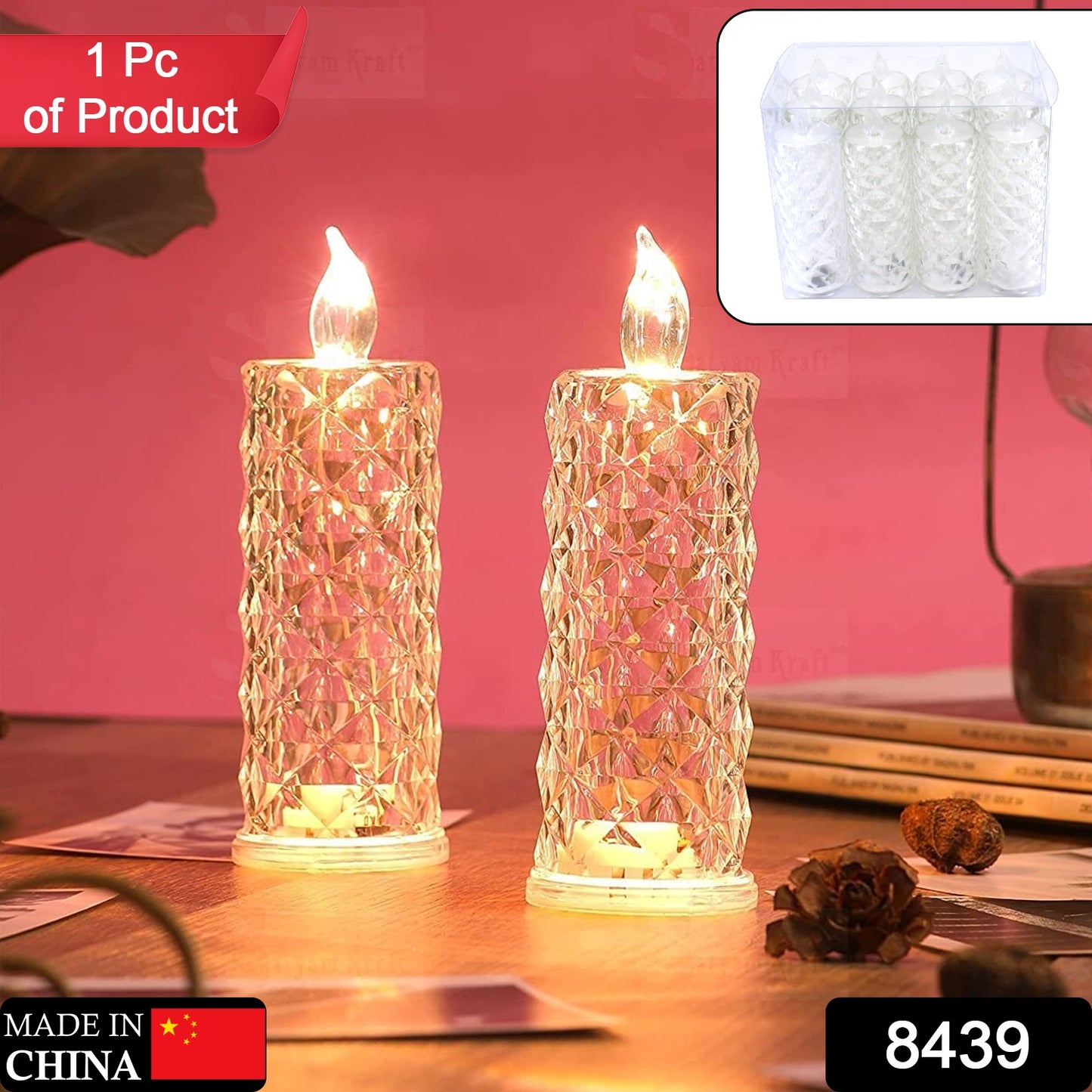 8439 Rose Candles Led Flameless And Smokeless Decorative Acrylic Transparent Candles Led Tea Light Candle Perfect For Gifting Home Diwali Christmas Crystal Candle Lights (1 Pc)  (Moq - 12 Pc )