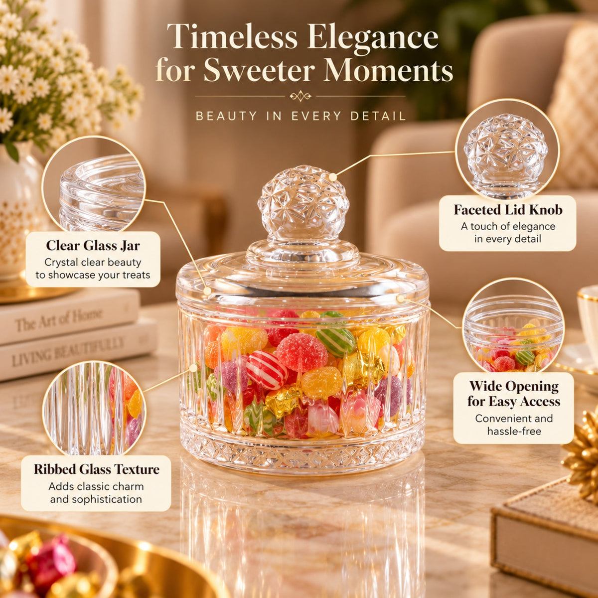 Clear ribbed glass candy bowl with lid from Wukusy, ideal for sweets and table display, showcasing a sleek, elegant design.