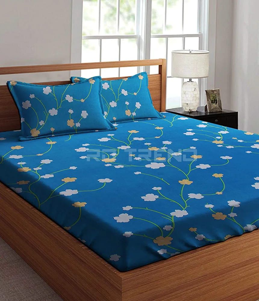 Super Soft Glace Cotton All Round Elastic Fitted Double Bed Bedsheet with 2 Pillow Covers-72x78x8