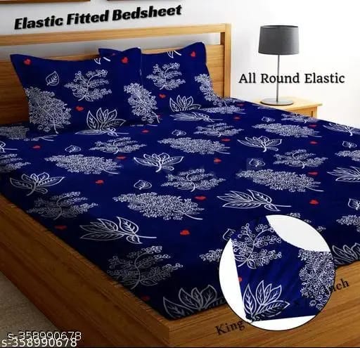 Super Soft Glace Cotton All Round Elastic Fitted Double Bed Bedsheet with 2 Pillow Covers-72x78x8