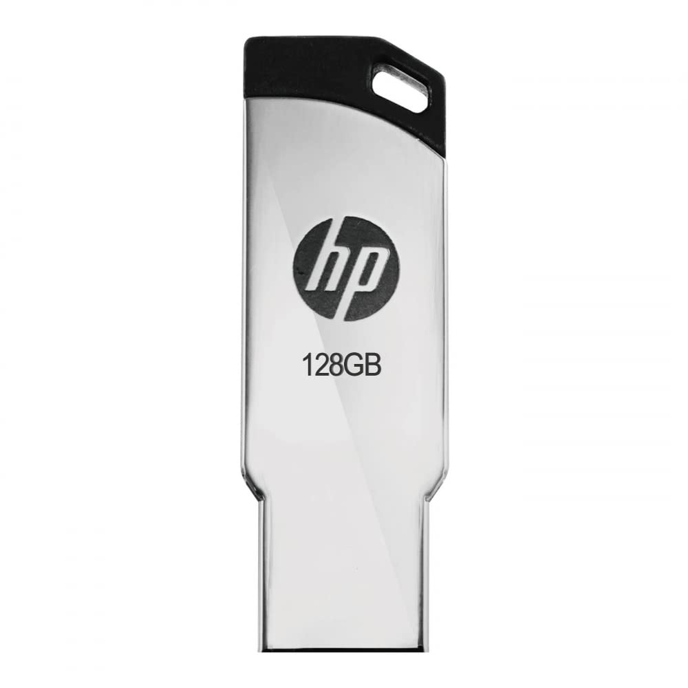 Silver HP v236W 128 GB USB pen drive with FIZZI SHOP branding, compact and lightweight for easy data transfer.