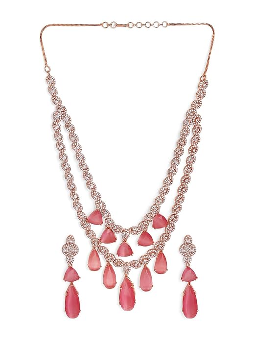Floral Pink Drop Stoned Layered Rose gold Plated Necklace and Drop earrings Jewellery Set