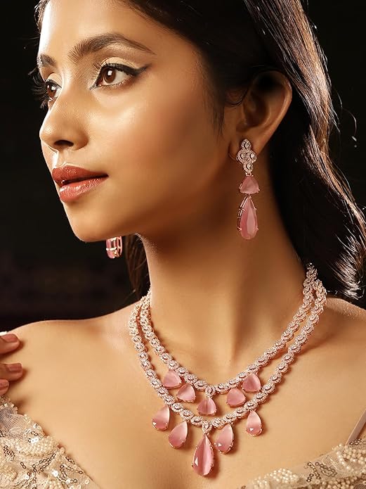 Floral Pink Drop Stoned Layered Rose gold Plated Necklace and Drop earrings Jewellery Set