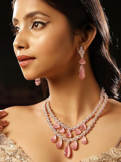 Floral Pink Drop Stoned Layered Rose gold Plated Necklace and Drop earrings Jewellery Set