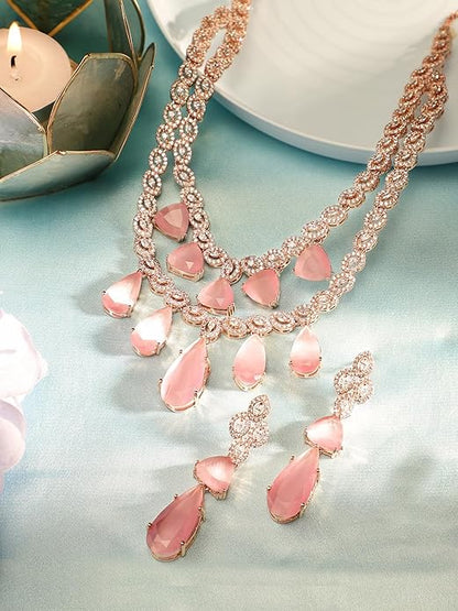 Floral Pink Drop Stoned Layered Rose gold Plated Necklace and Drop earrings Jewellery Set