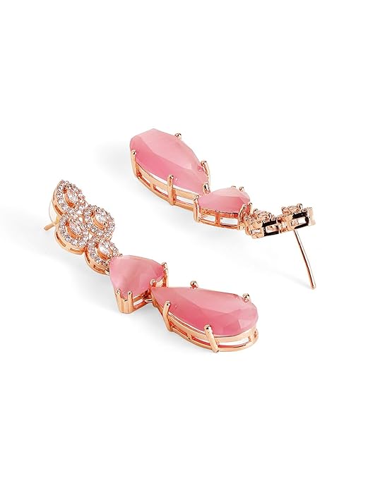 Floral Pink Drop Stoned Layered Rose gold Plated Necklace and Drop earrings Jewellery Set
