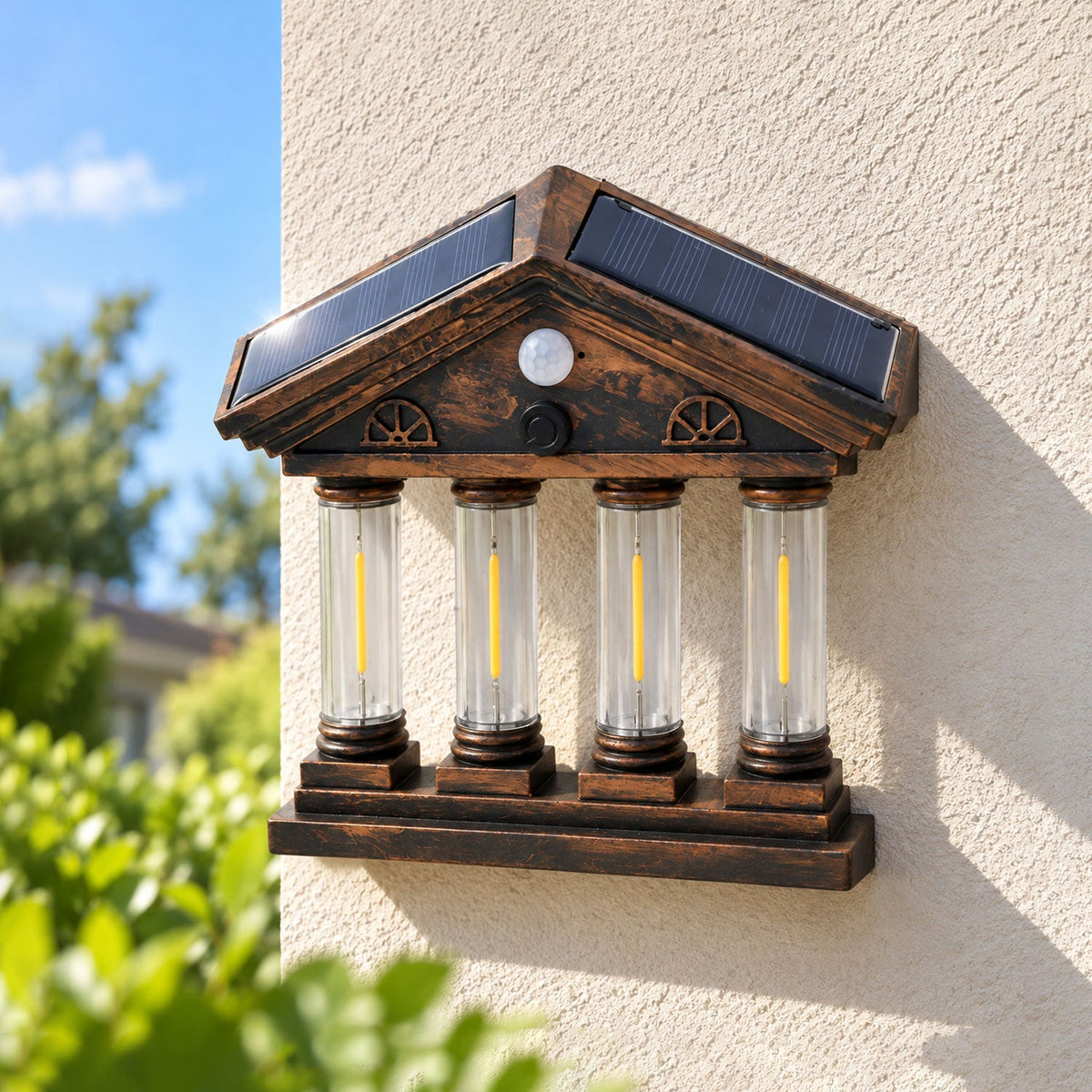 Wukusy 4 Cob Motion Sensor Solar Wall Light illuminating garden and porch with warm glow, mounted on outdoor wall.