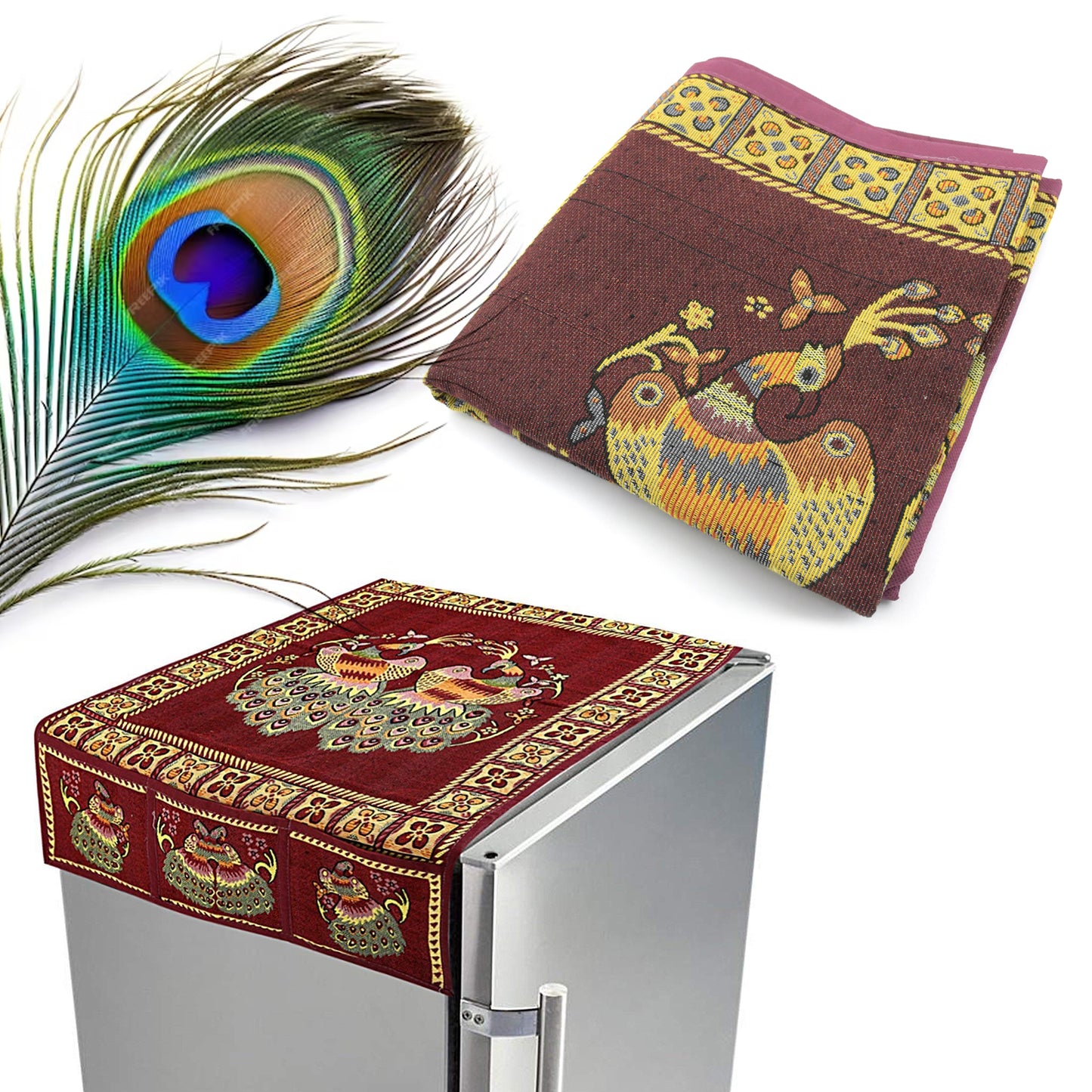 Wukusy 8889 cotton fridge top cover set with peacock design, dustproof, includes 6 utility side pockets, fits standard refrigerators.