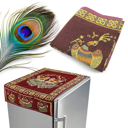 Wukusy 8889 cotton fridge top cover set with peacock design, dustproof, includes 6 utility side pockets, fits standard refrigerators.