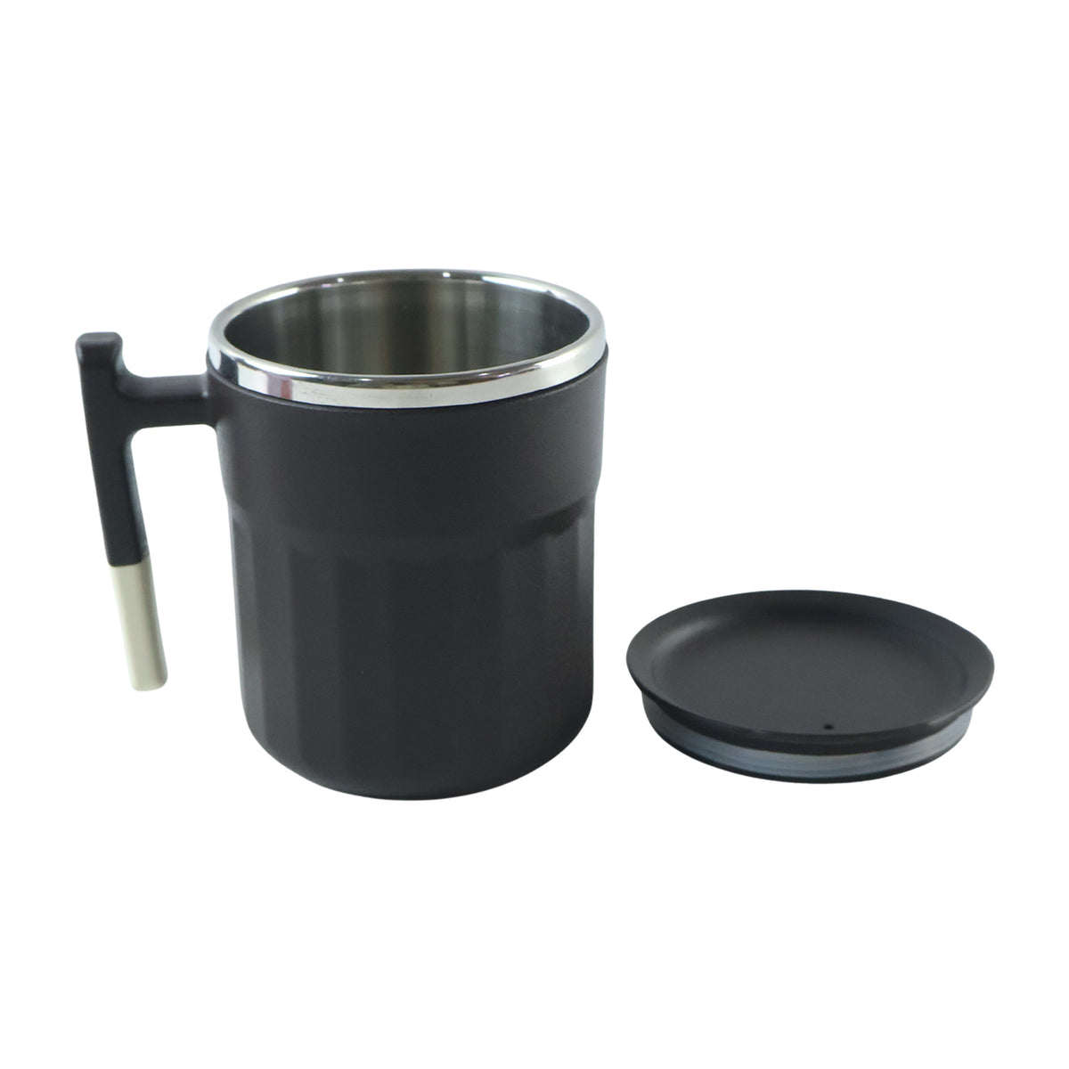 Wukusy Apex Compact Coffee Mug 300ml in matte black with handle and lid, showcasing a sleek and modern design.