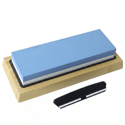 Double Sided Knife Sharpening Whetstone Set With Bamboo Base And Guide (1 Set)