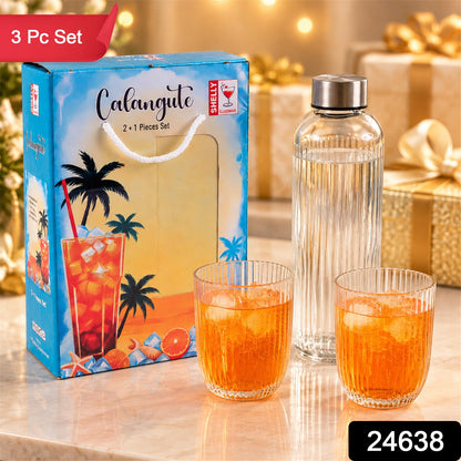Wukusy ribbed water bottle with two matching glasses in a 3-piece gift set, featuring clear glass and textured ribbed design.