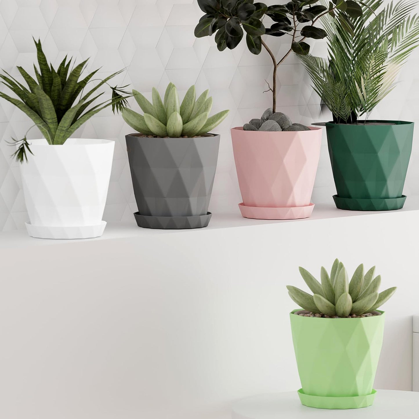 Diamond Design Plastic Flower Pot Set With Drain Tray (5 Pc)
