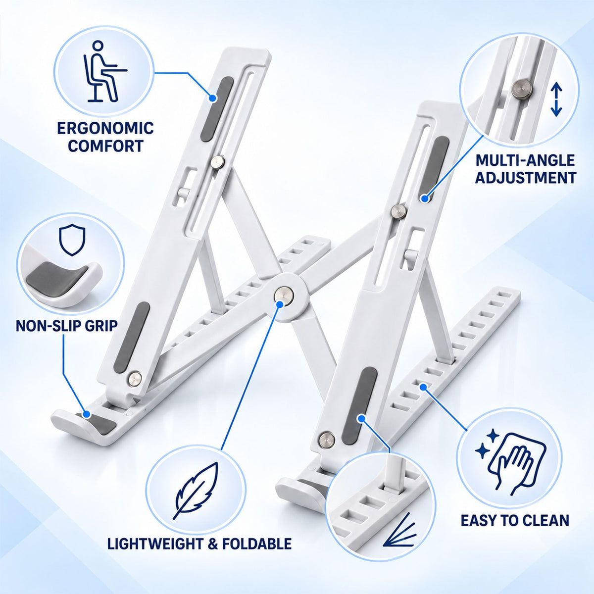 Wukusy portable foldable laptop stand with adjustable height and angle, shown supporting a laptop for ergonomic workspace setup