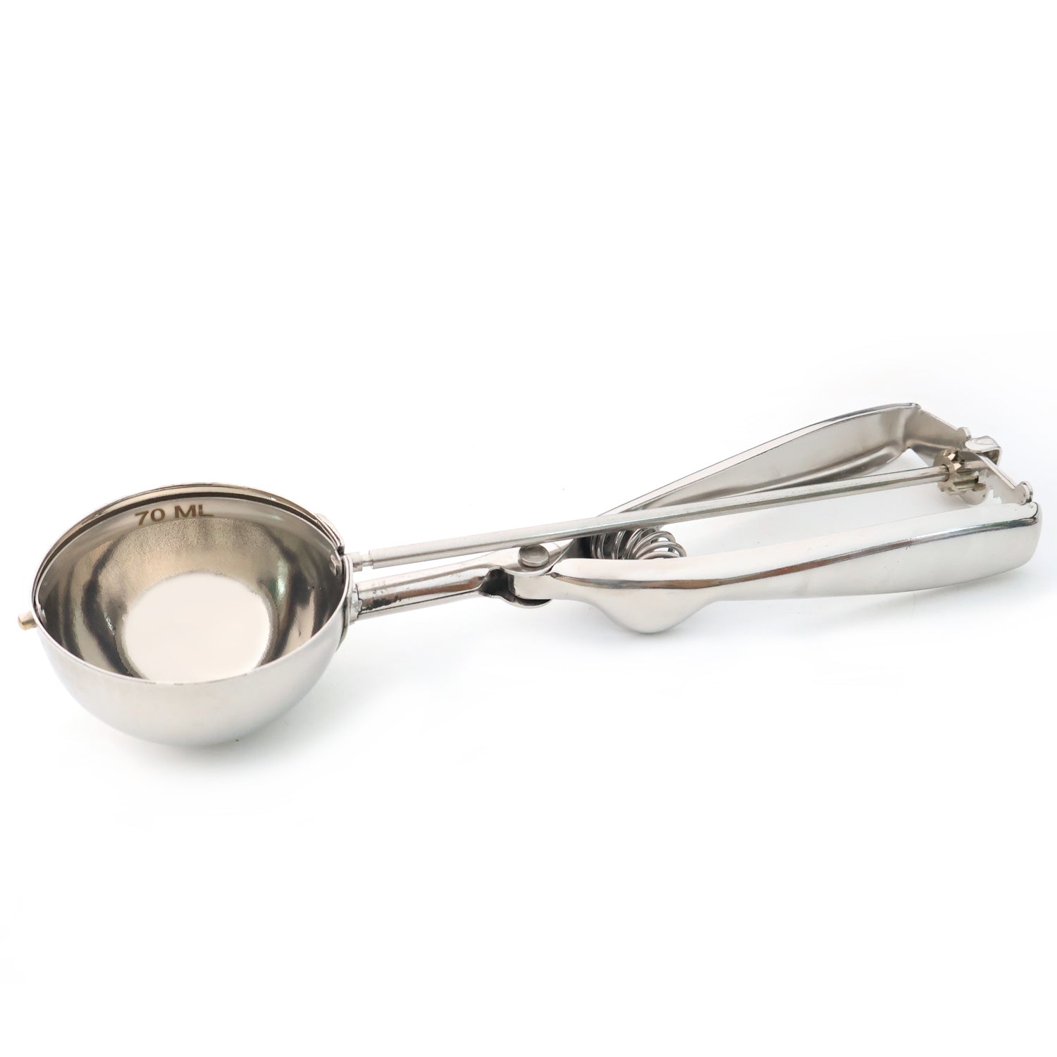 Wukusy premium stainless steel ice cream scoop with trigger release, 70 ml capacity, showing the scoop's shiny metal surface.
