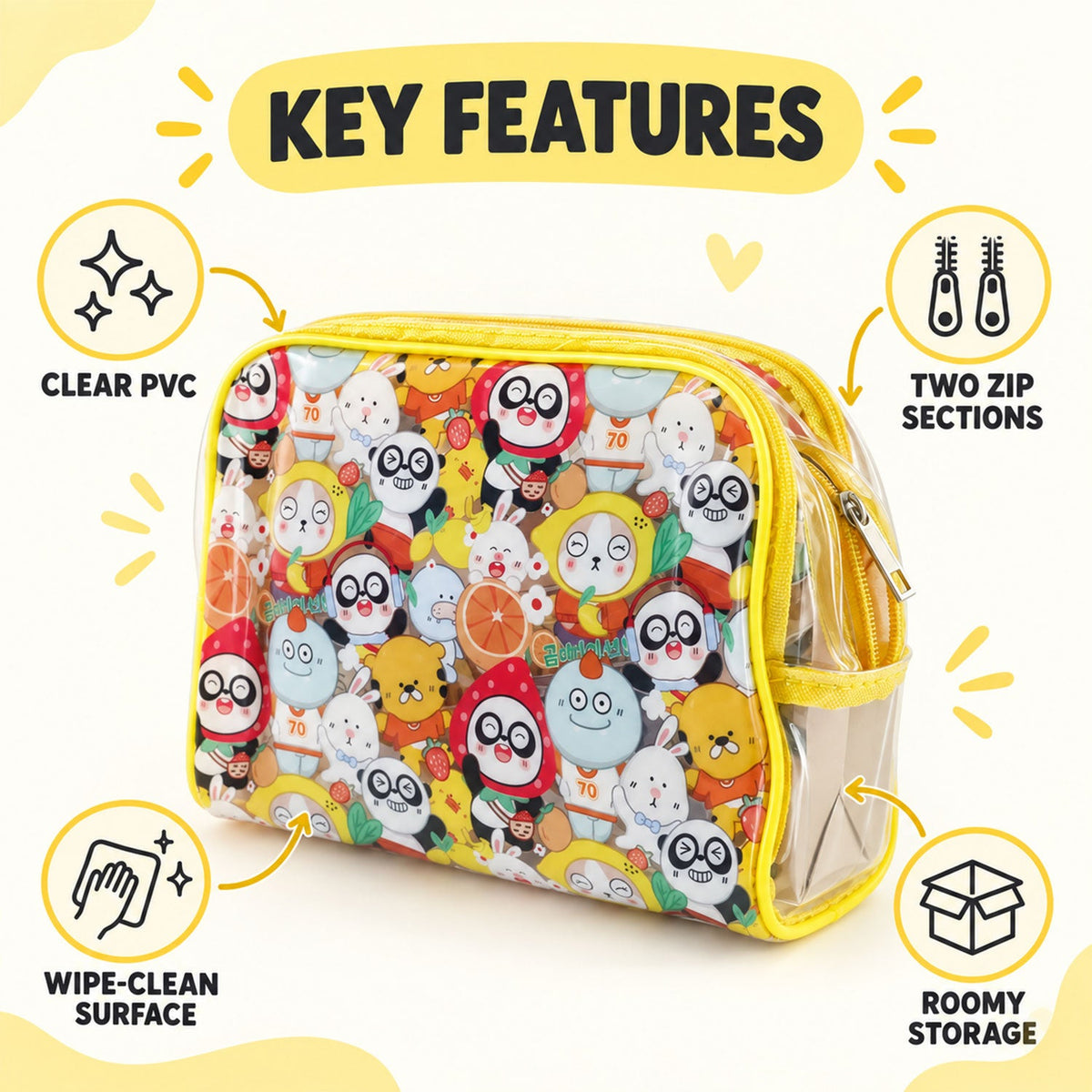 Wukusy multipurpose PVC cosmetic pouch with cartoon print, zip sections, ideal for travel storage of makeup and toiletries.